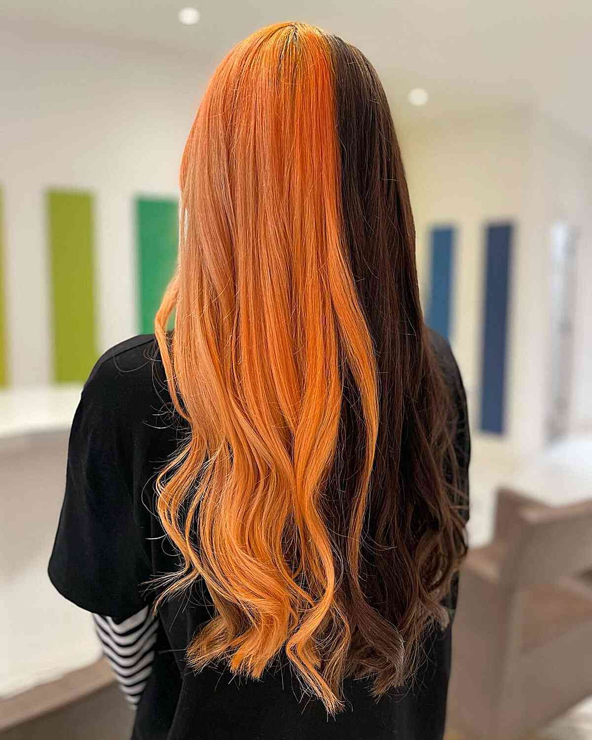 Halloween-Inspired Split Hair Dye with Orange and Brown Hues
