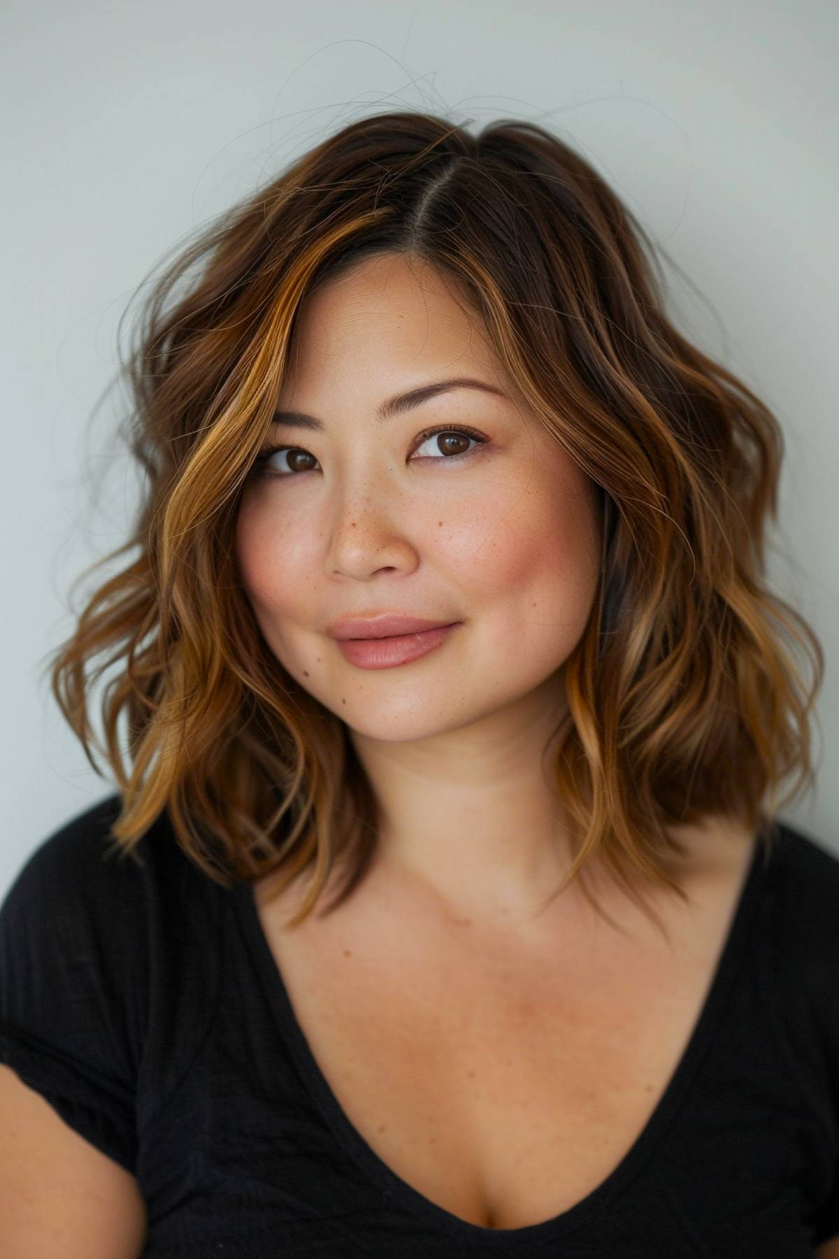 Halo-Lobcut – wavy lob haircut with balayage and soft layers for round faces