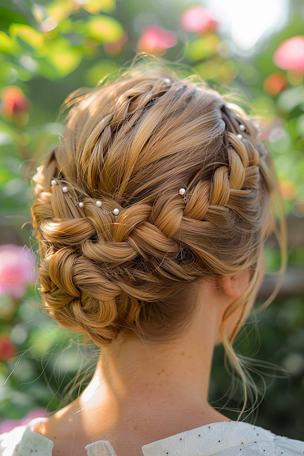 Halo-style bridesmaid updo with braided bun and pearl accents