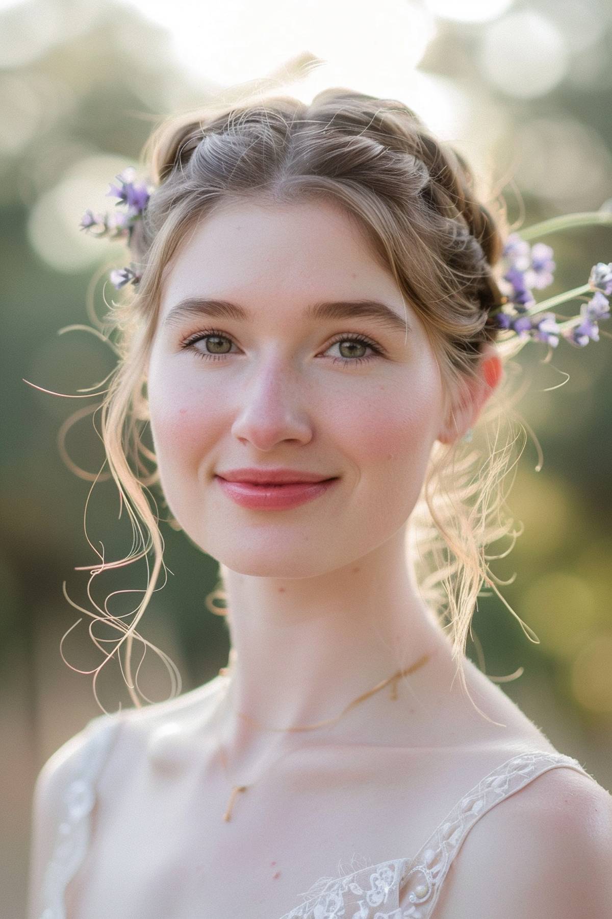 Halo braid wedding hairstyle with floral accents