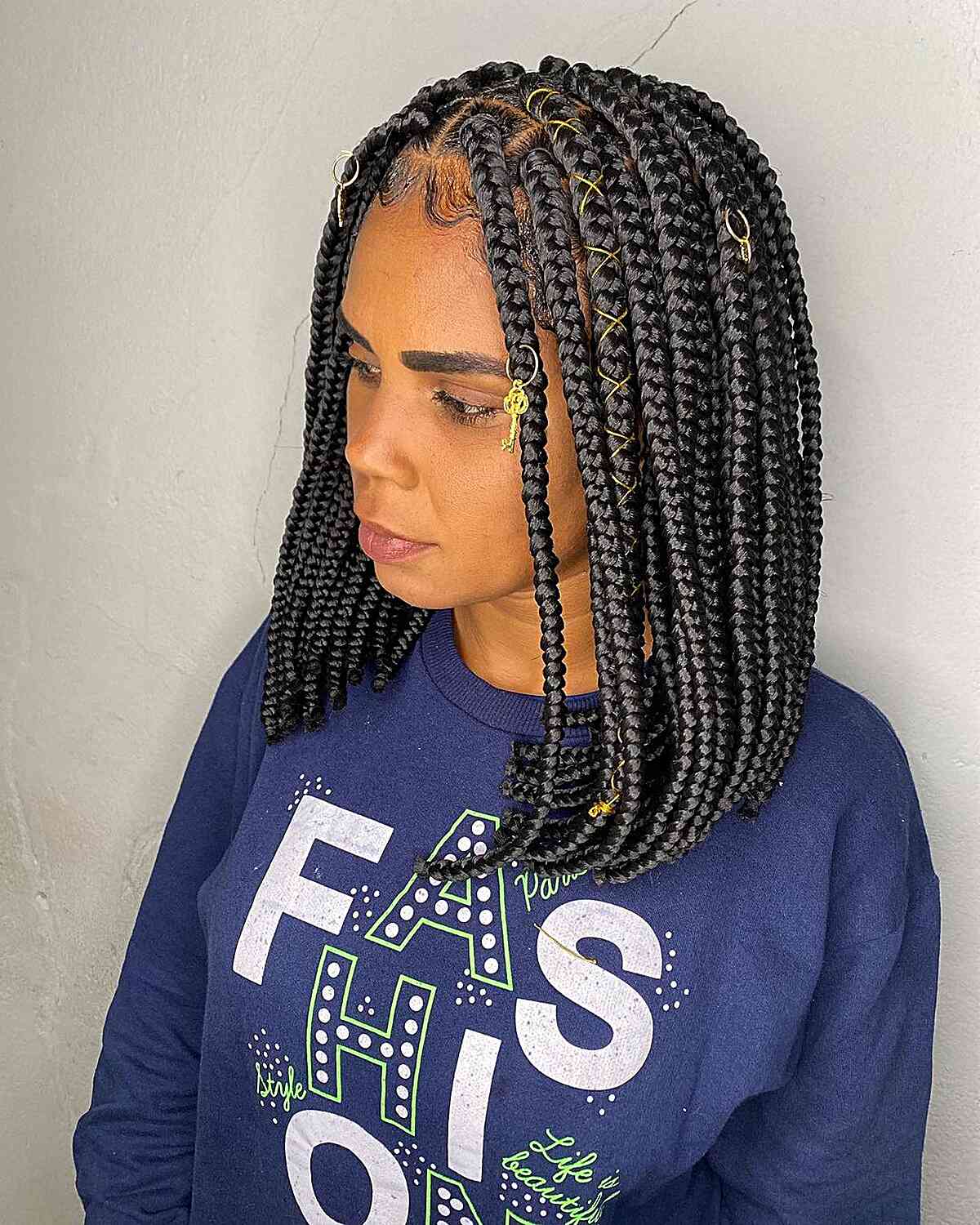 Shoulder-Length Hawaiian Funky Box Braids with Strings and Charms