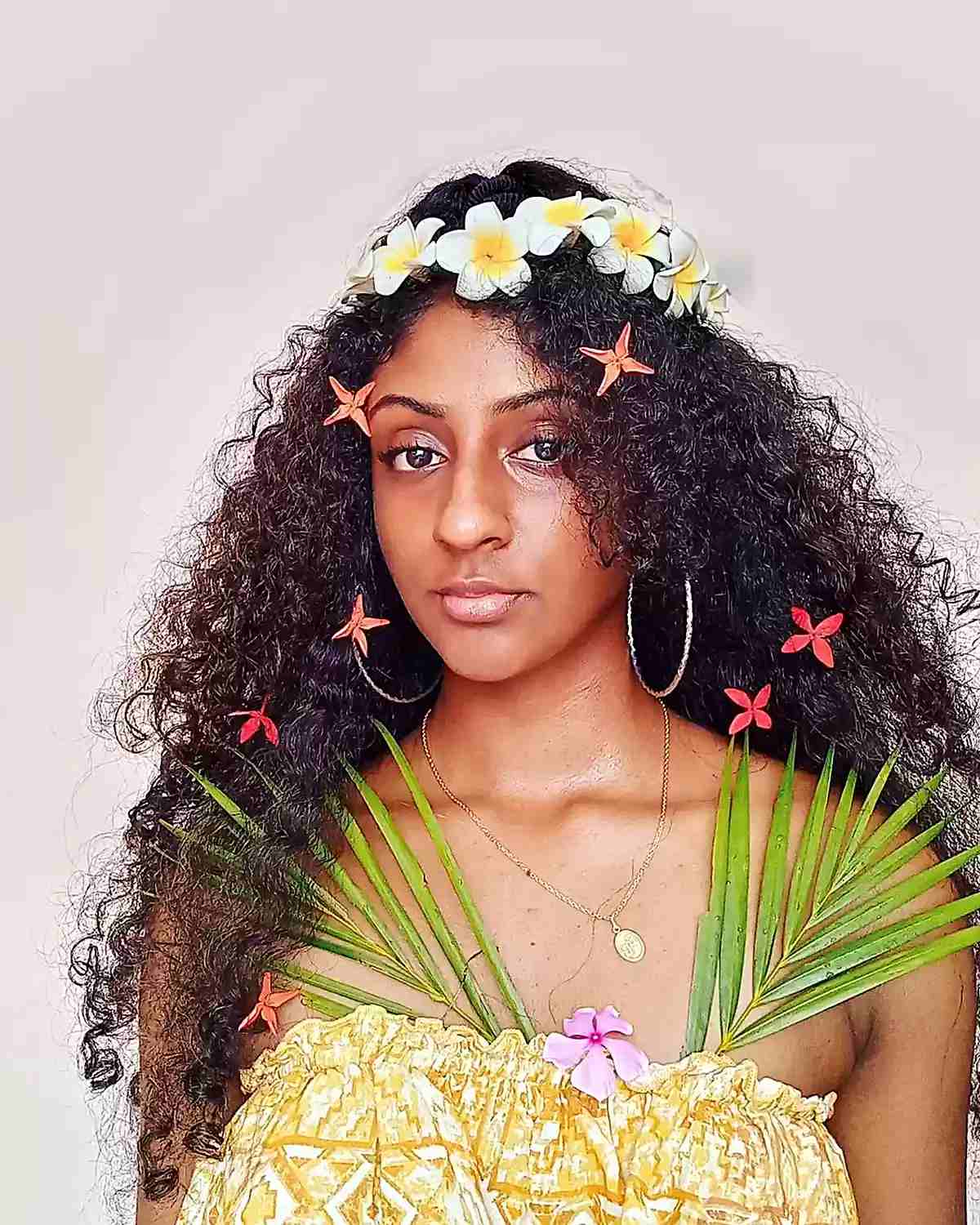 Hawaiian-Style Curly Long Hair with Flowers