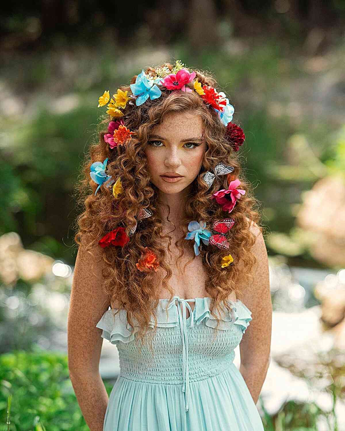 Hawaiian-Style Long Layered Curls with Colorful Flowers