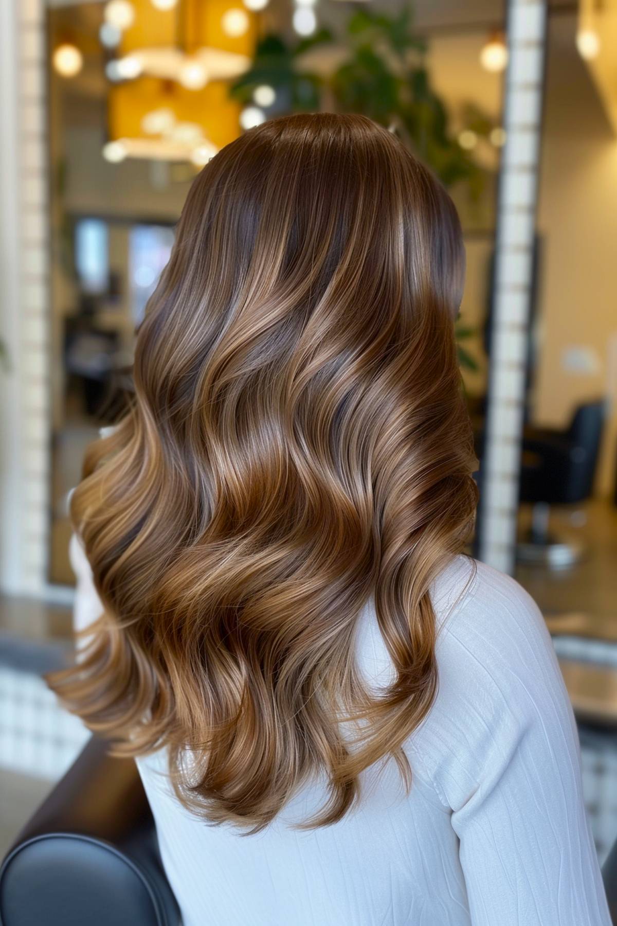 Silky dark hazelnut brown hair with golden highlights that reflect light beautifully