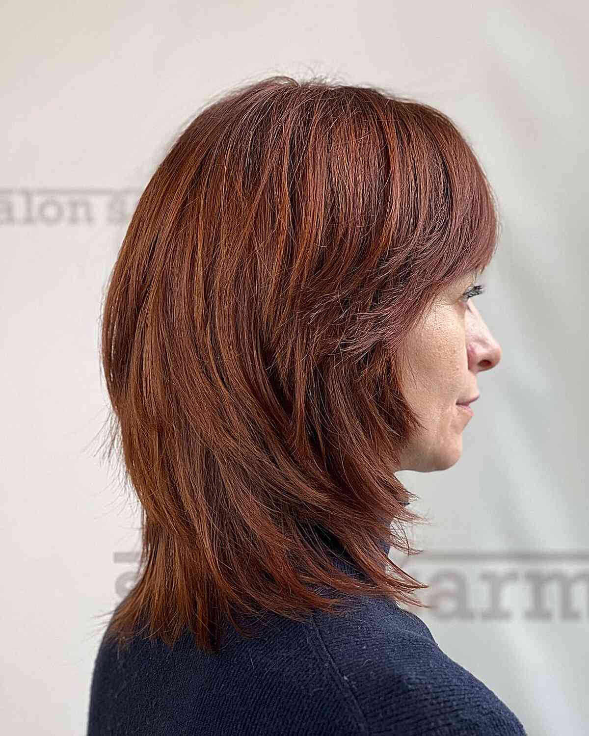 Heavy Layers and Bangs on Short Medium-Length Copper Hair