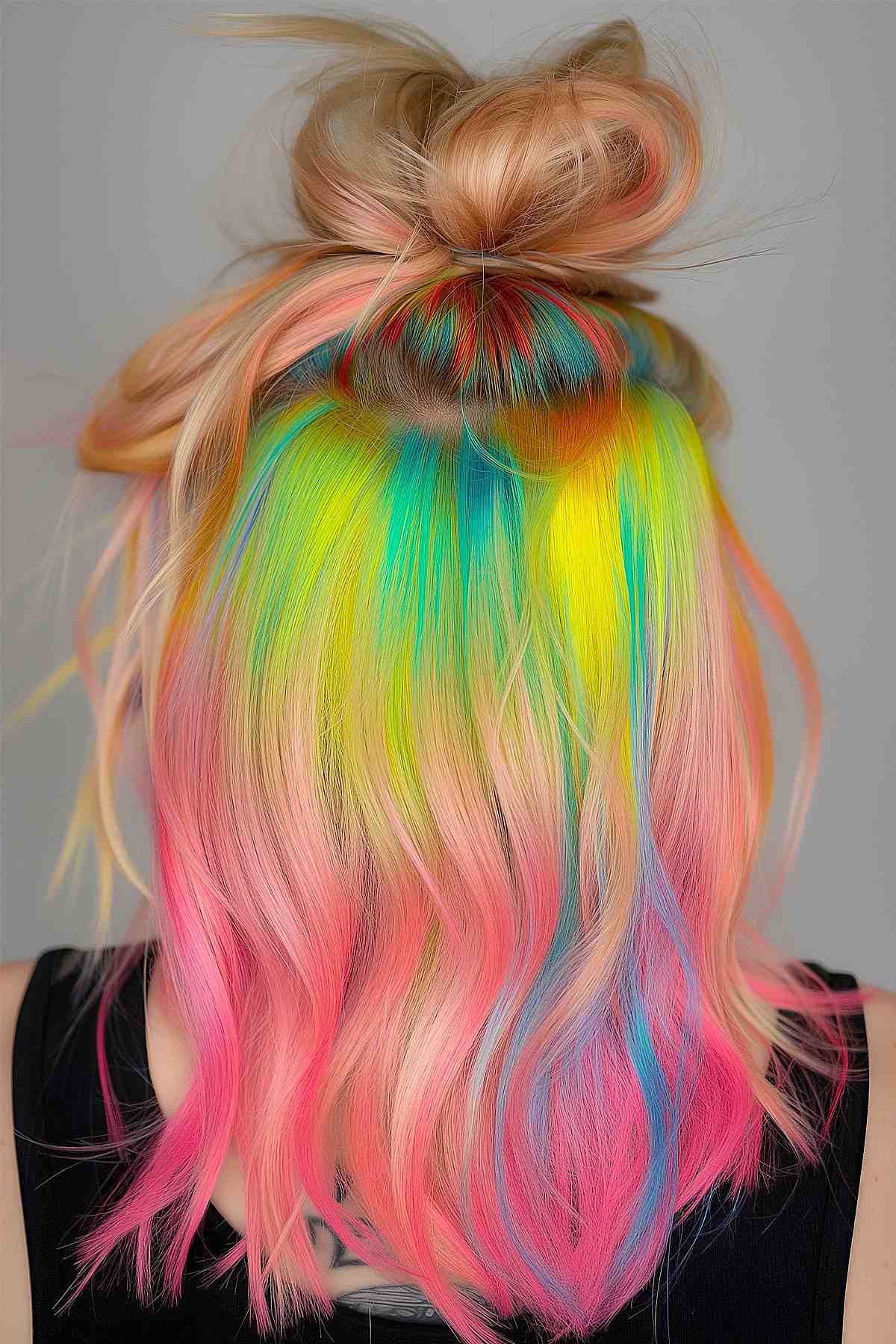 Hair styled into a top knot with hidden vivid rainbow colors transitioning from natural blonde to bright red, yellow, green, blue, and pink tones.