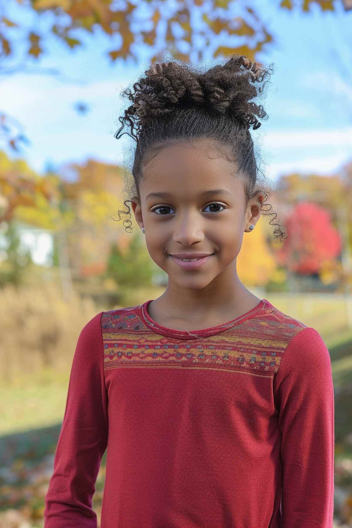 Young girl with a high bun hairstyle for coily hair, wearing a red patterned top