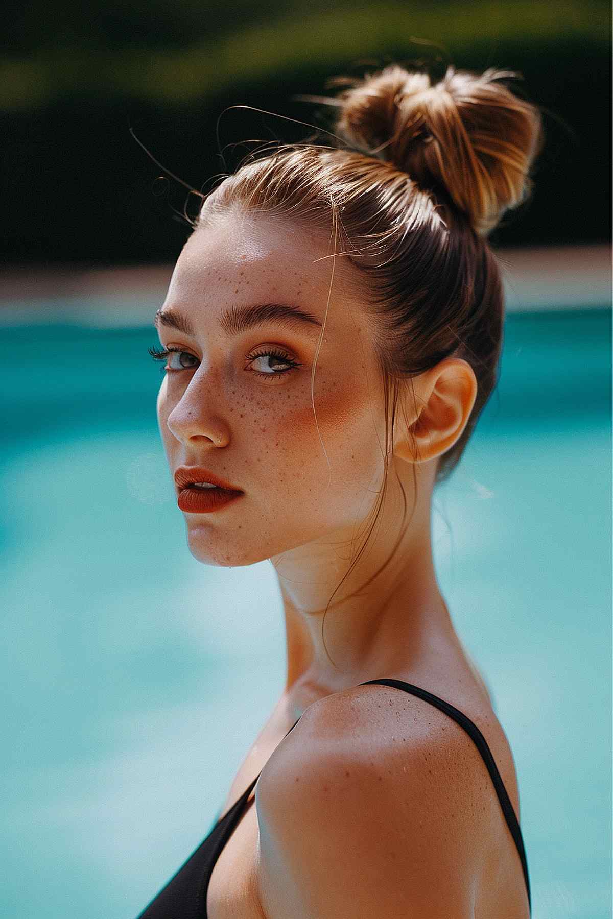 Woman with a high bun, wearing a black swimsuit