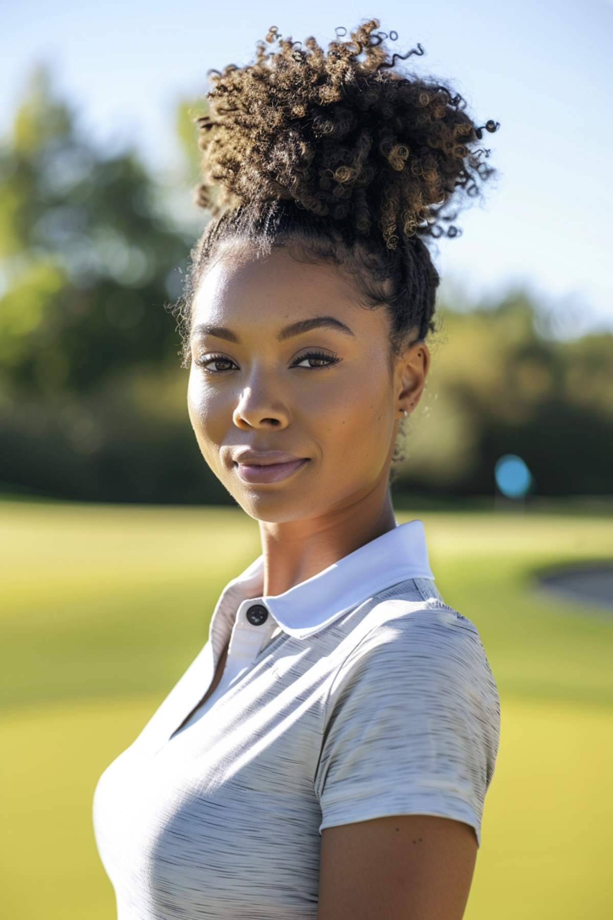 Woman with high coily bun, golf hairstyle for coily hair