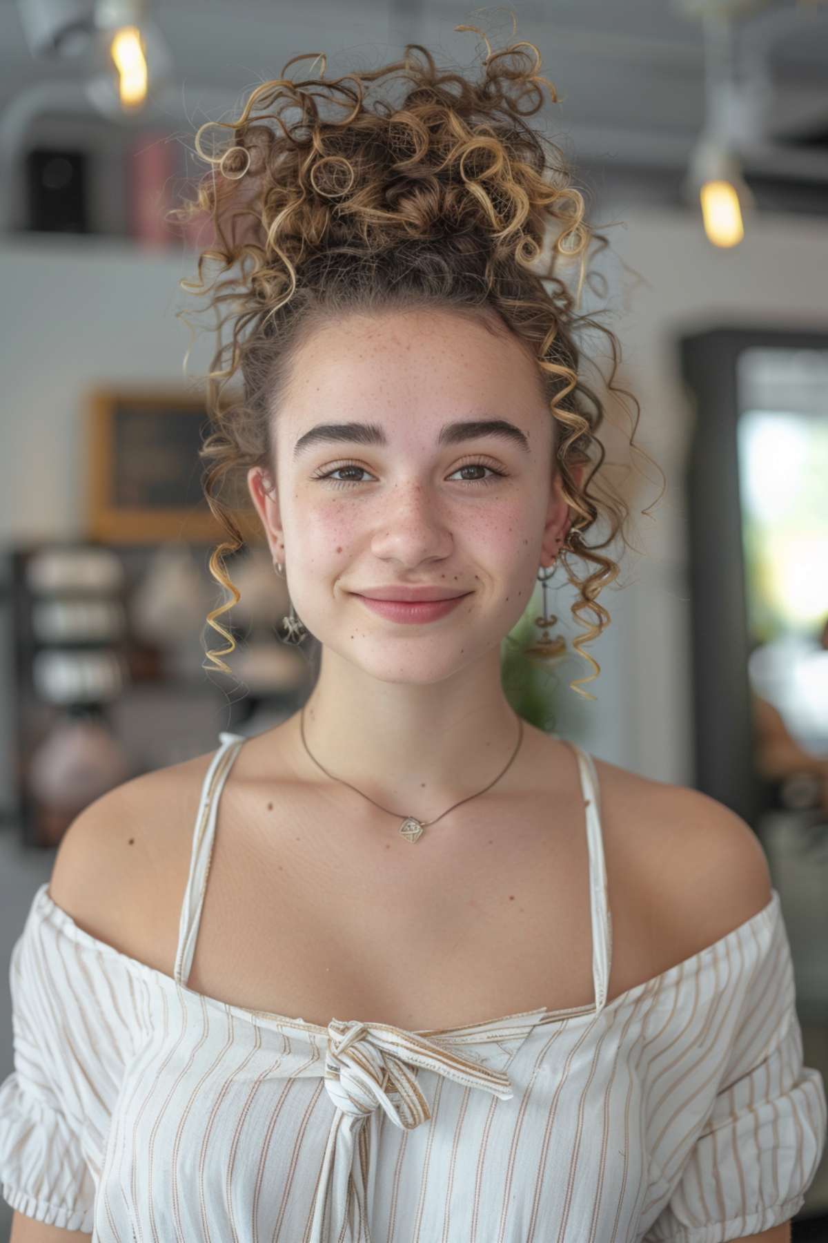 Teen with high curly bun, perfect easy summer hairstyle for curly hair