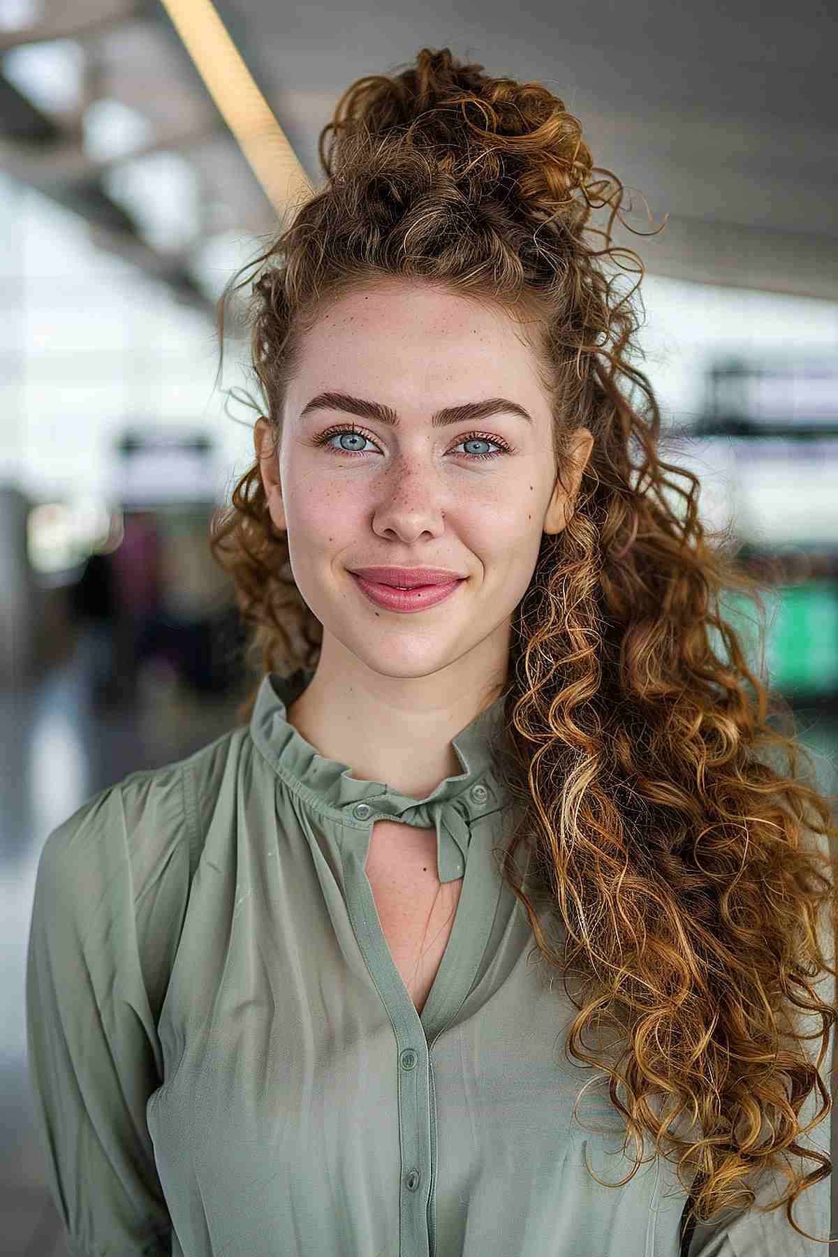 Woman with a high curly half-updo hairstyle at the airport