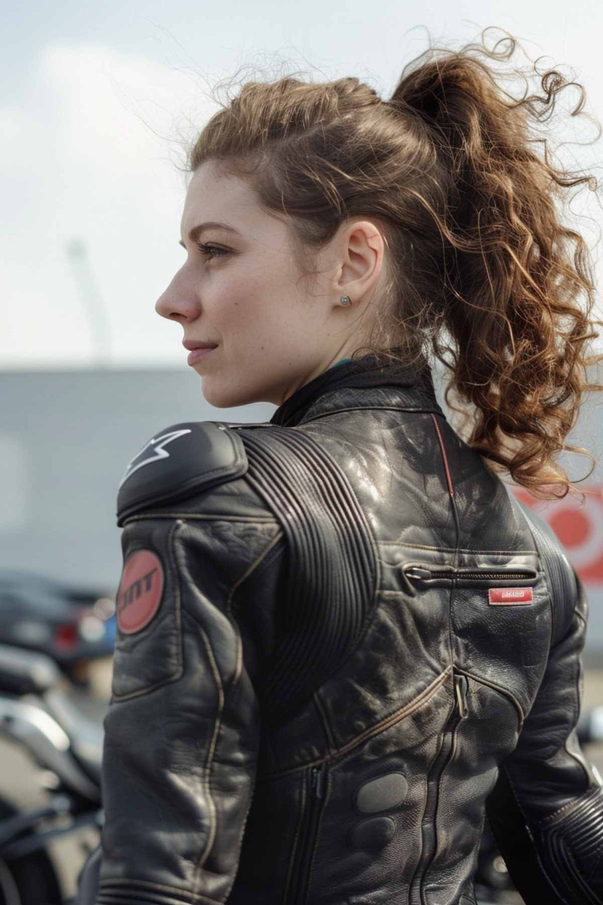 Woman with high curly ponytail in a biker outfit