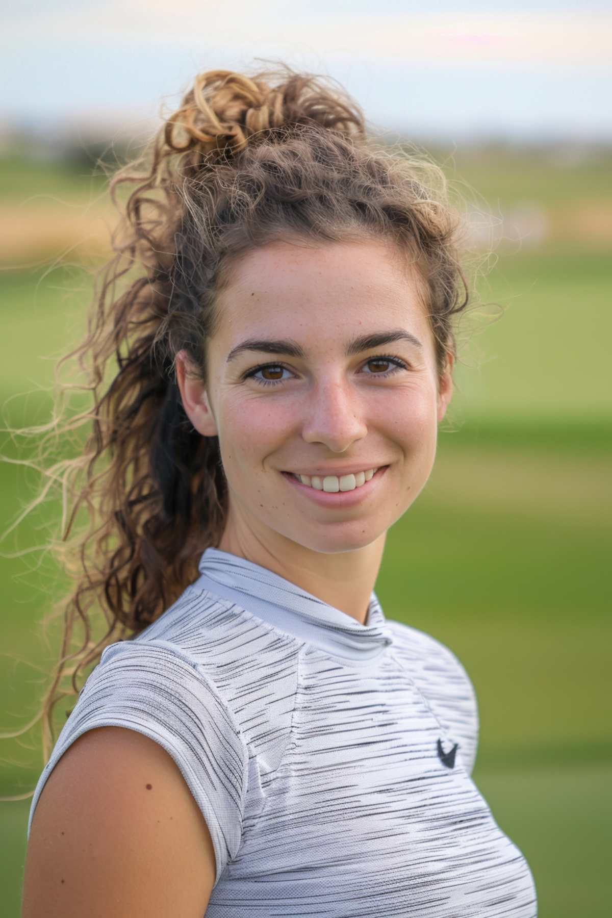 Woman with high curly ponytail, golf hairstyle for curly hair