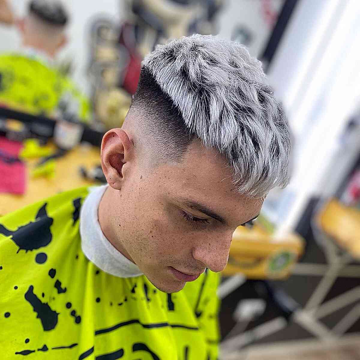 High Fade Cut with Frosted White Blonde Highlights on Men