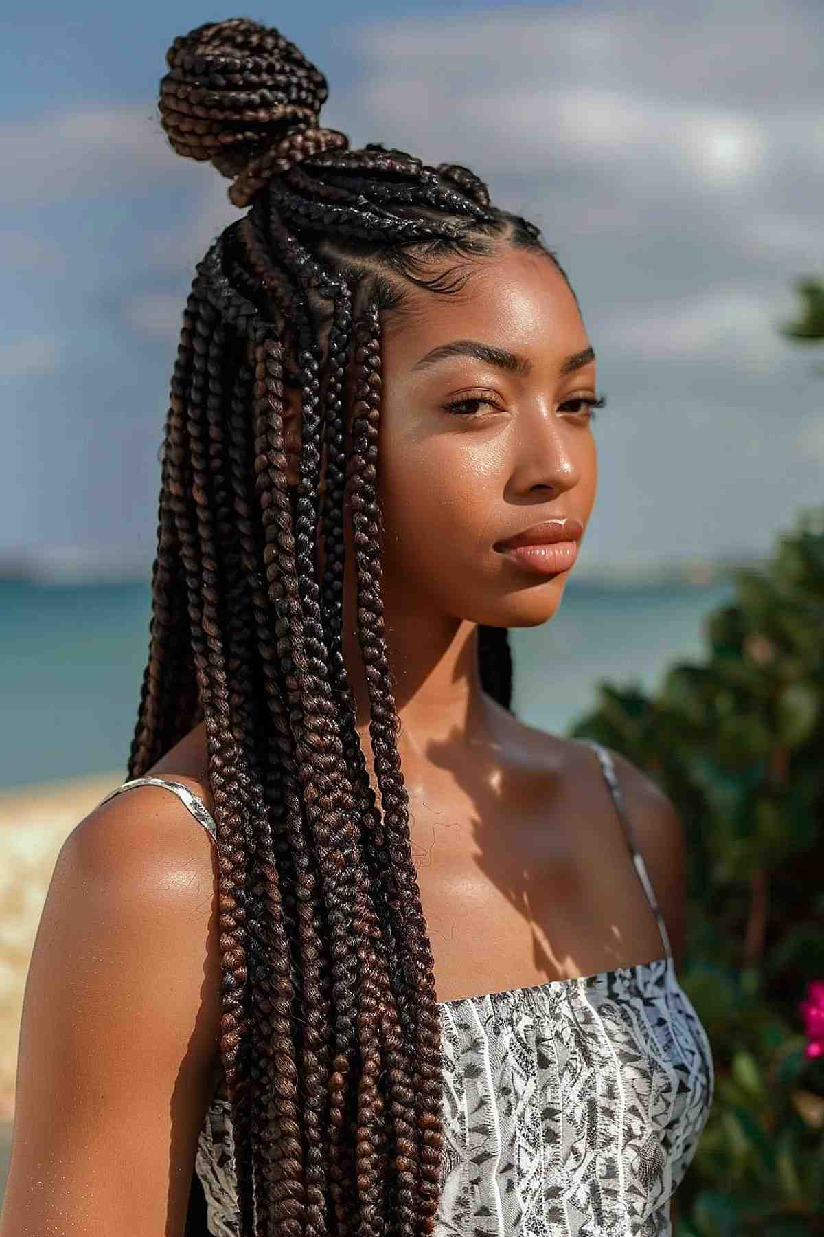 High half-up bun box braids for Black women with thick hair