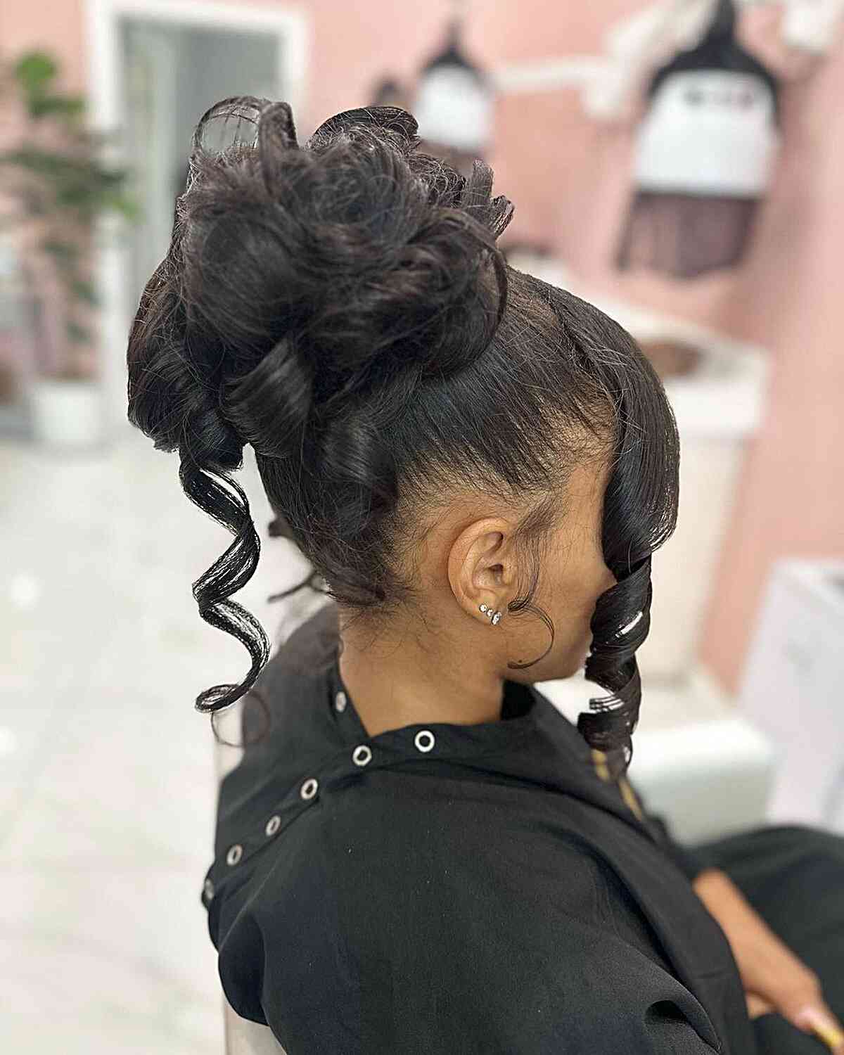 High Messy Updo Bun with Front Curls for Black Women