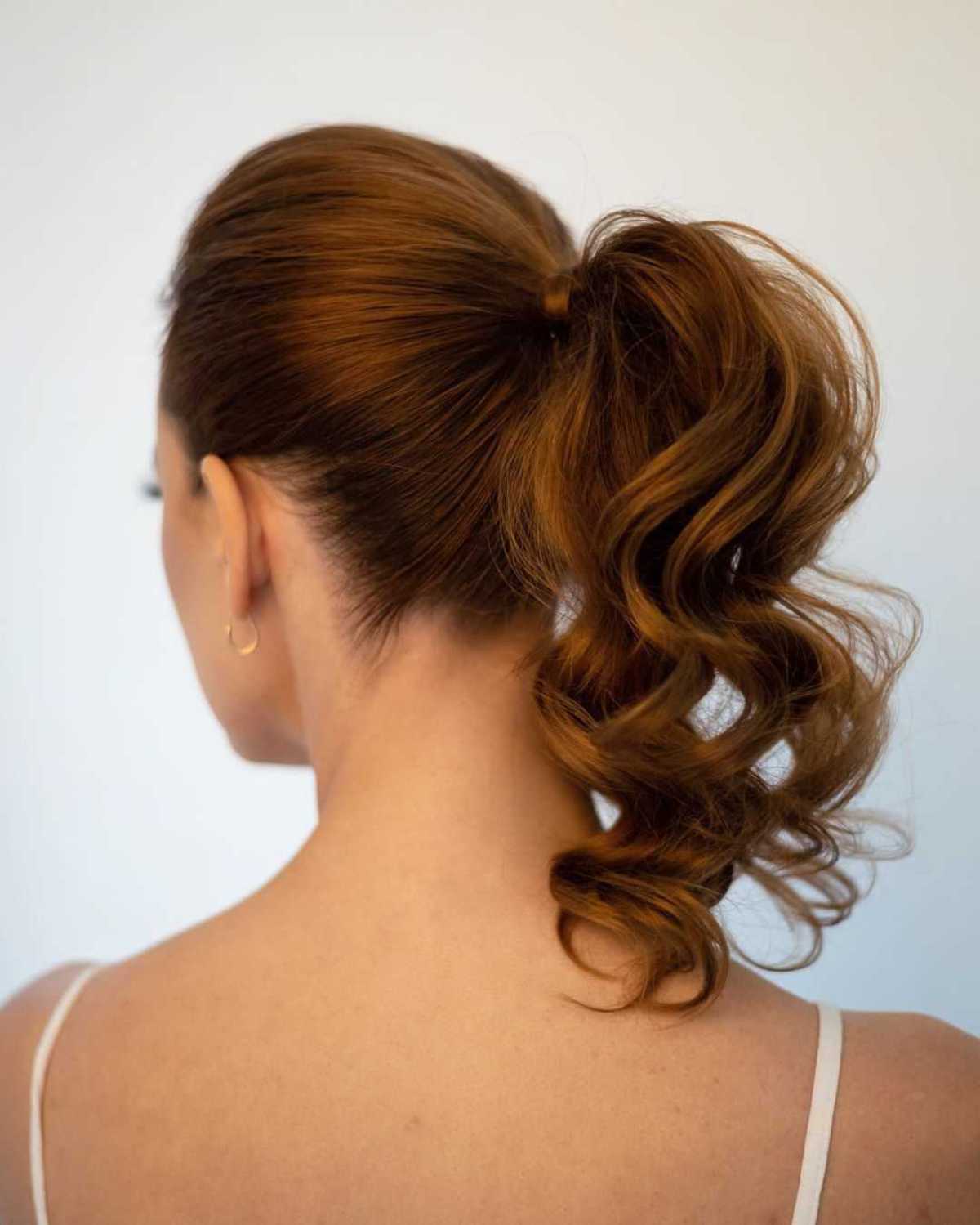 High Pony with Copper Voluminous Waves for Prom Night