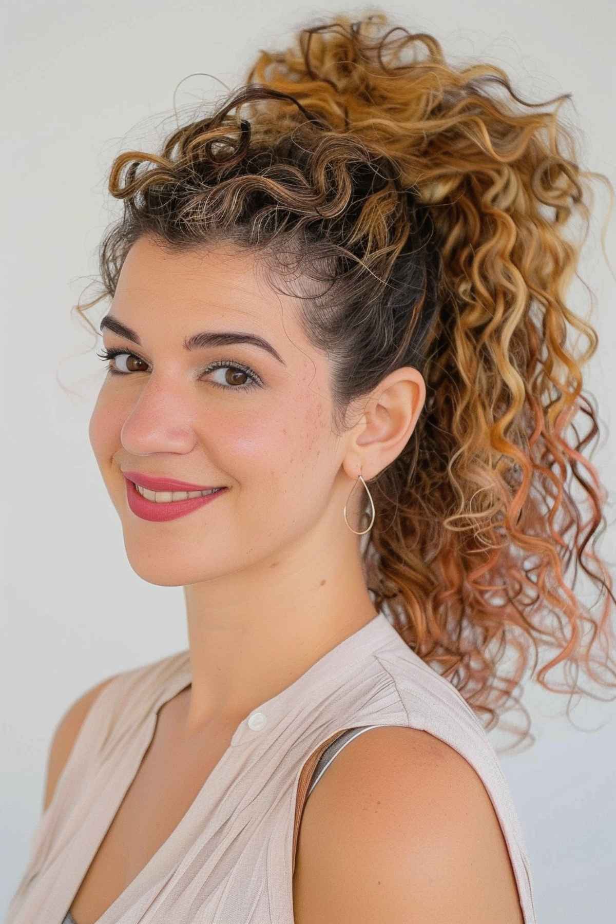 High ponytail hairstyle for curly hair