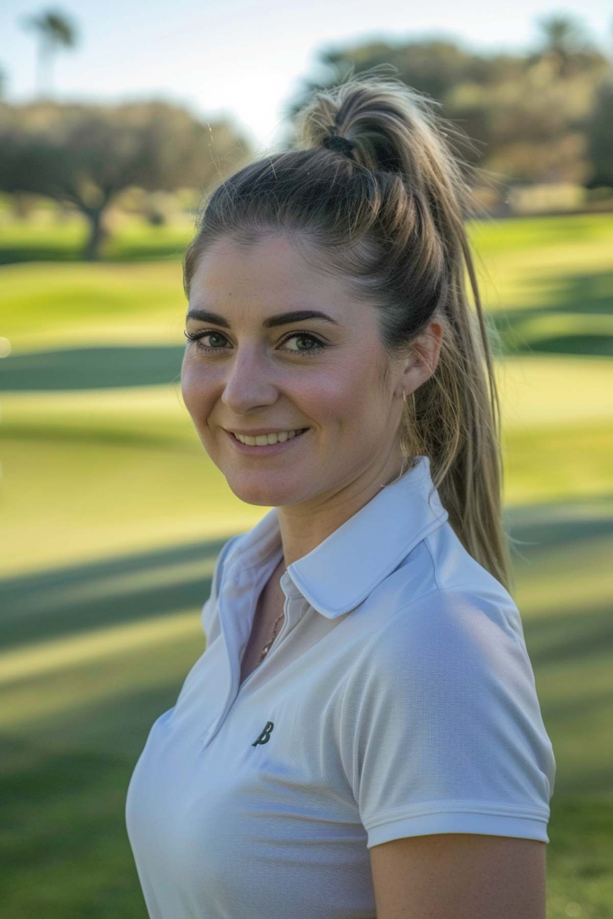 Woman with high ponytail, golf hairstyle