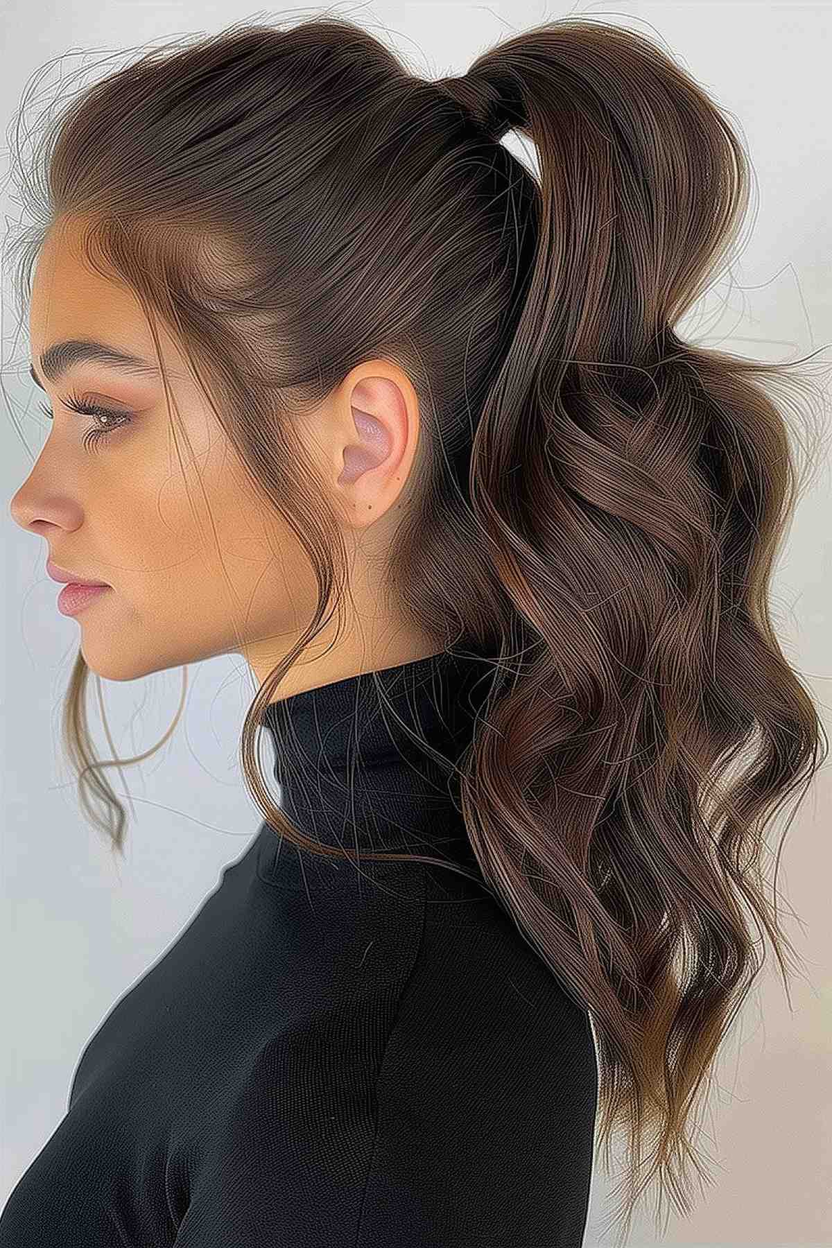 High ponytail with soft waves and natural highlights on a woman
