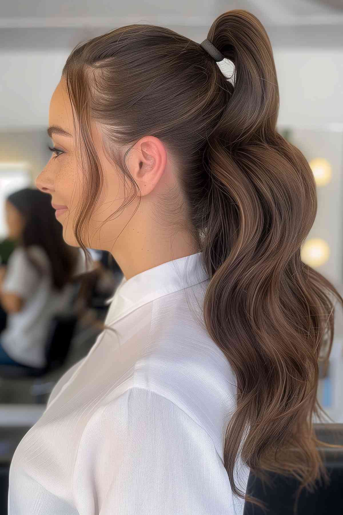 high ponytail for women with wavy long hair