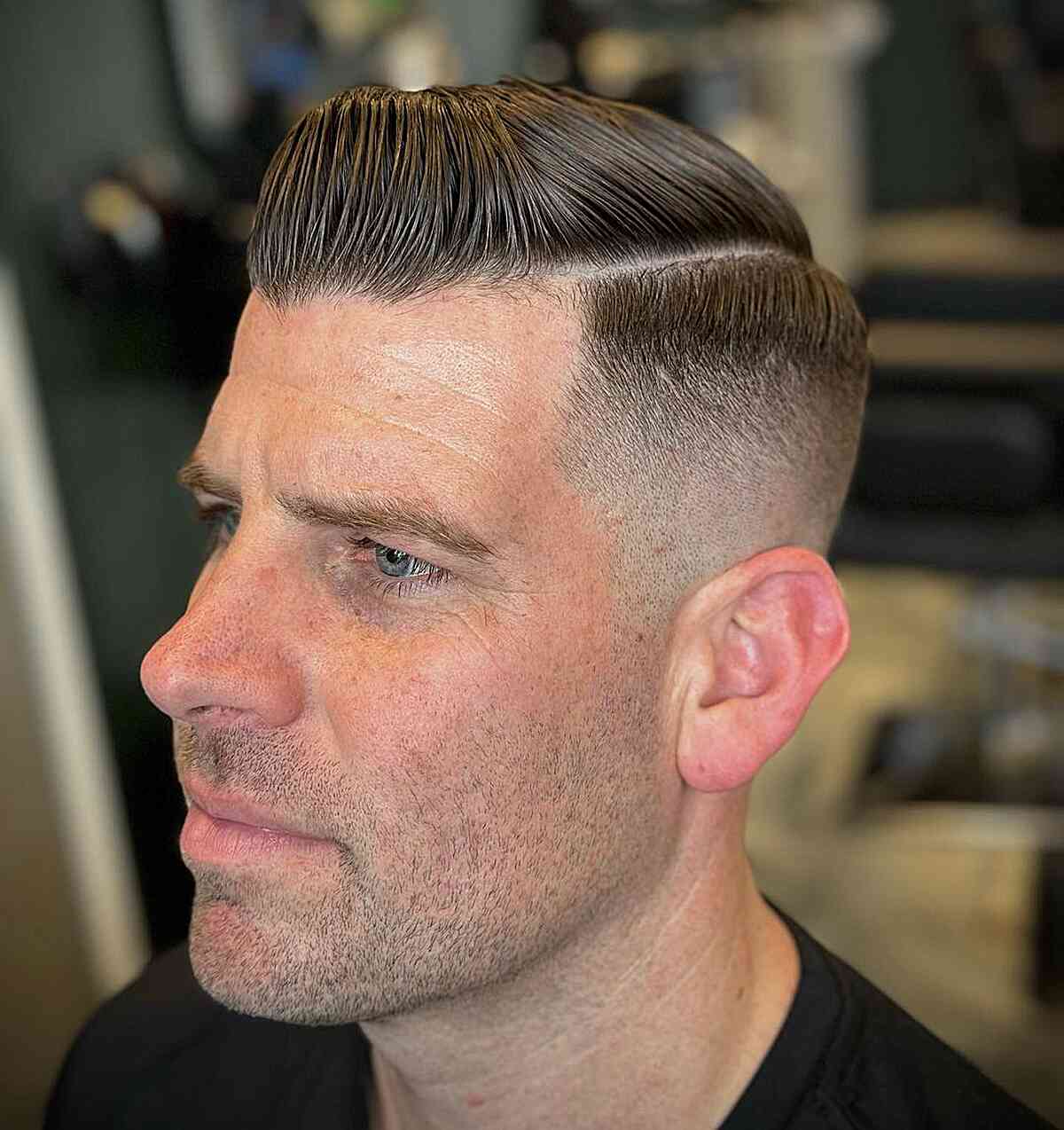 High Skin Fade with Hard Part and Quiff on Straight-Haired Guys
