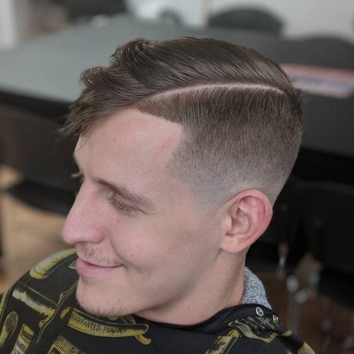 High Taper Fade with Long Straight Line Part