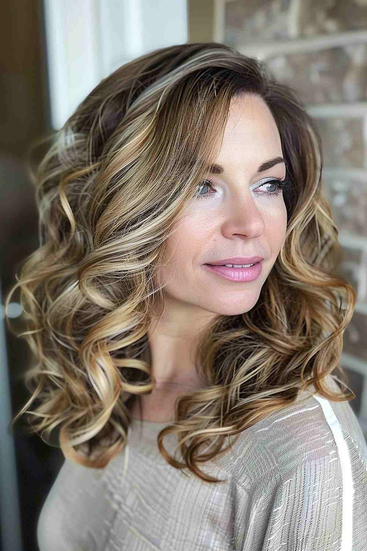 Woman with highlighted curls and long layered haircut styled for a natural, voluminous look.