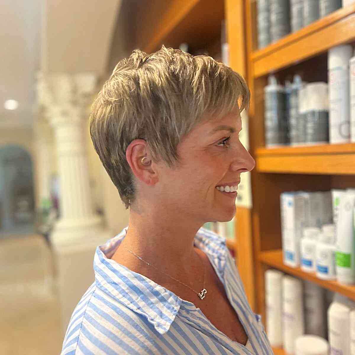 Highlighted Pixie Hair with a Side Fringe for ladies in their 50s with Fine Hair