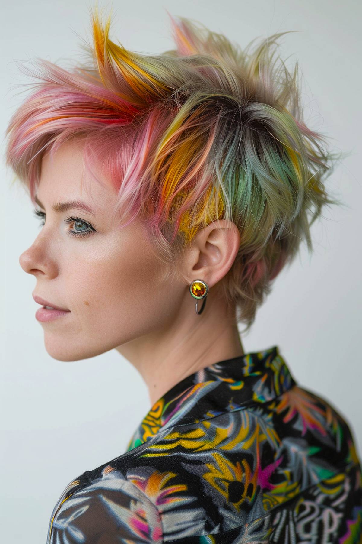 Holochic pixie hairstyle featuring vibrant multicolor tones and edgy layers