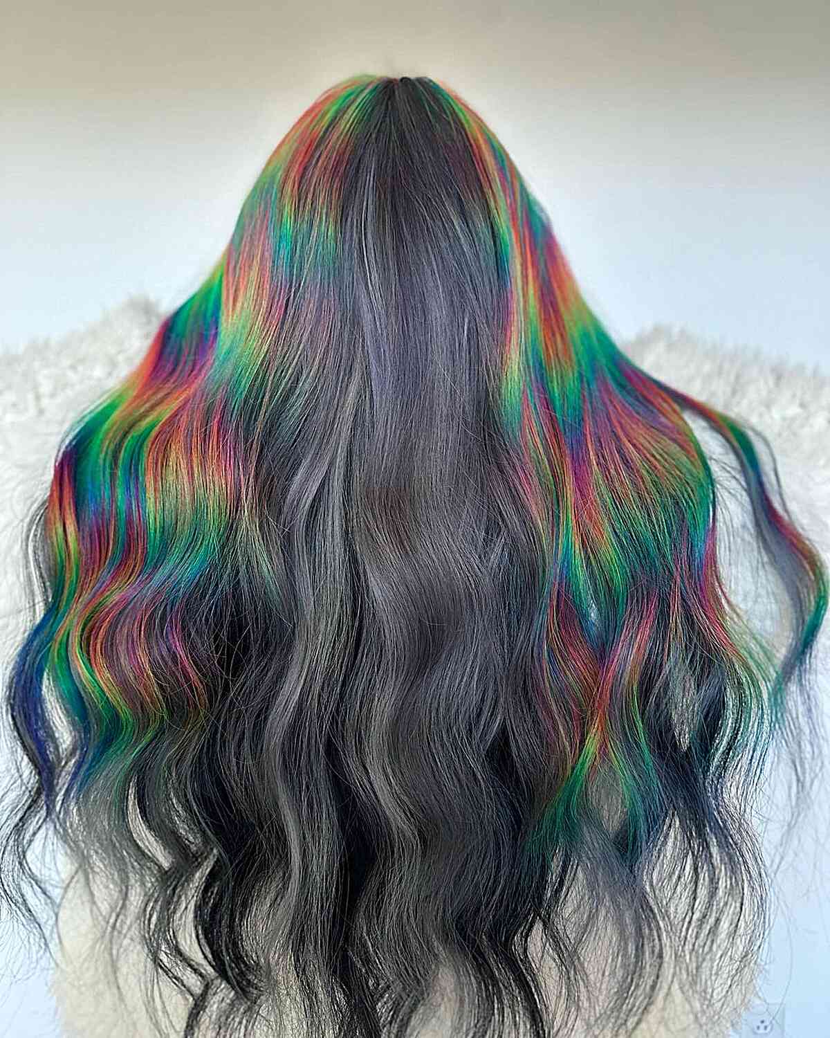 Holographic Rainbow Hues on Waist-Length Dark Smokey Hair