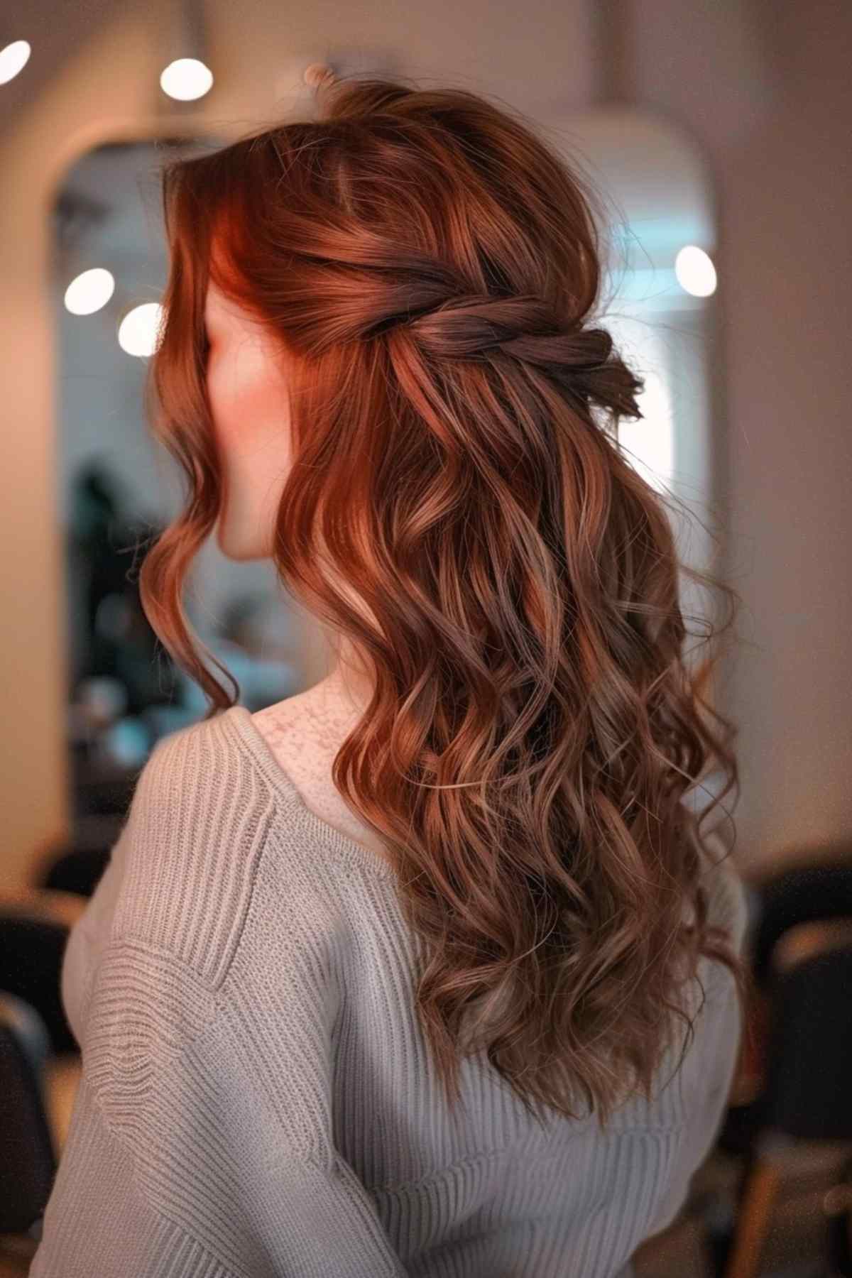 Half-up twisted hairstyle with waves for red hair