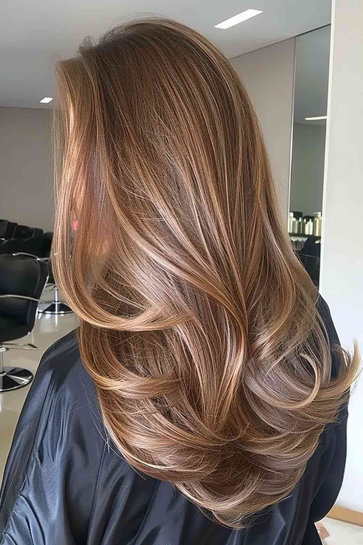 Long chestnut hair with honey-blonde balayage highlights, showcasing dimensional color and depth