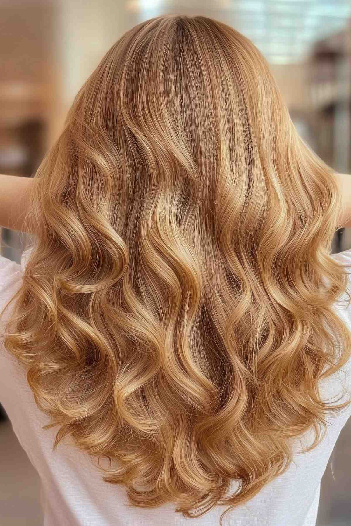 Back view of honey blonde curls with soft volume