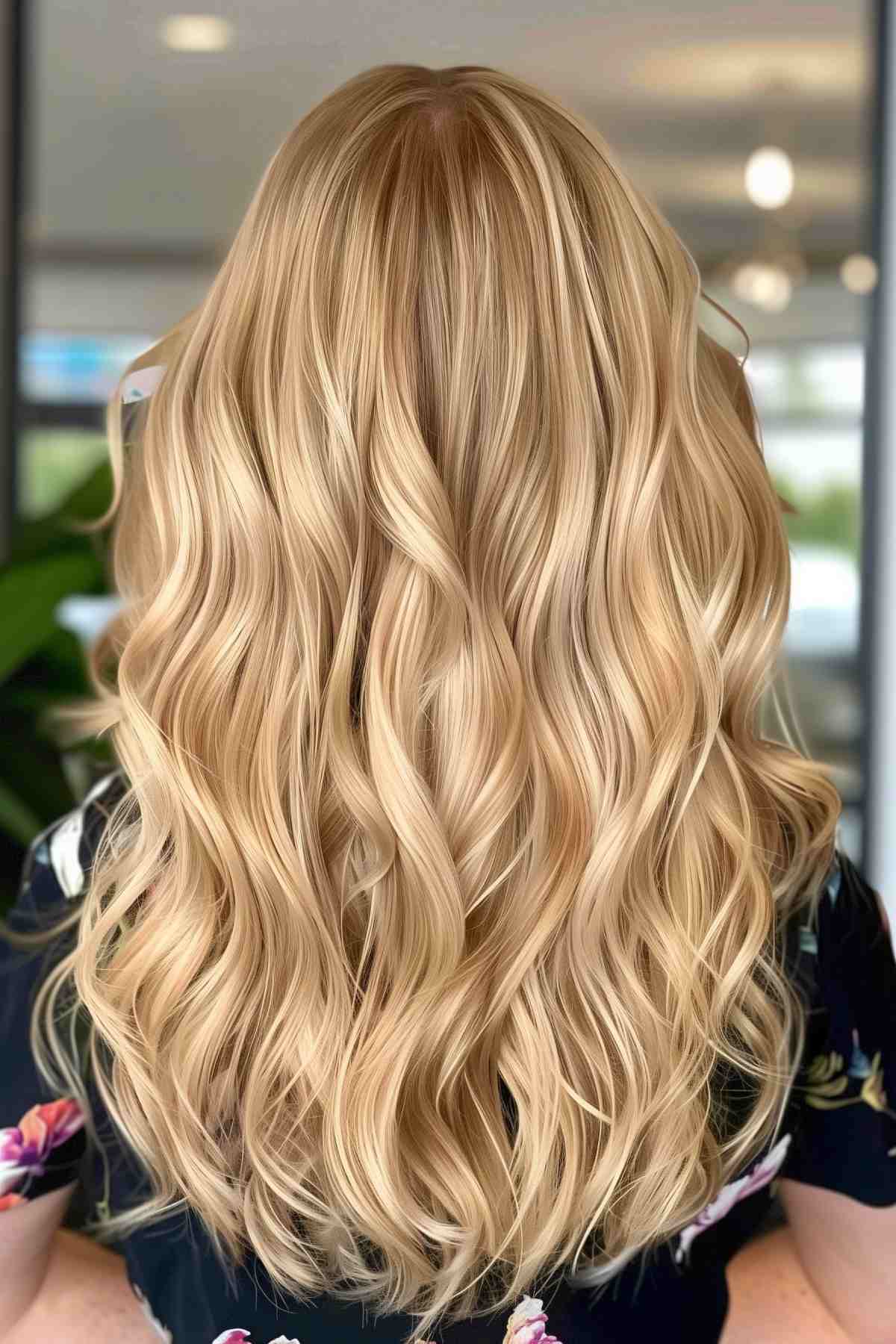 Back view of honey blonde waves with subtle highlights