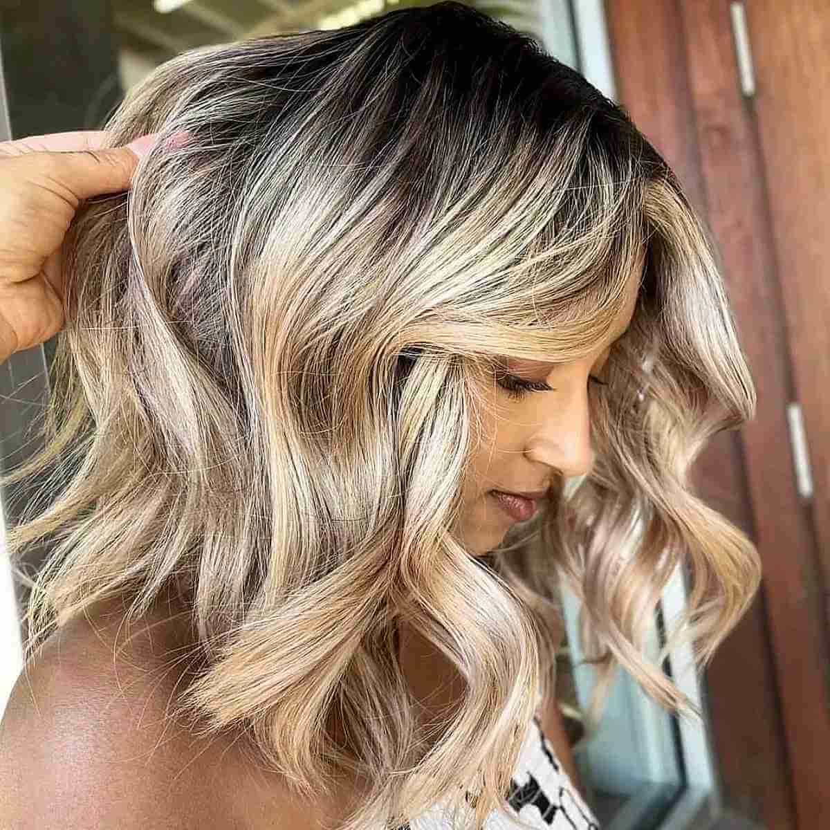 Honey Blonde with a Shadow Root on Medium-Length Hair