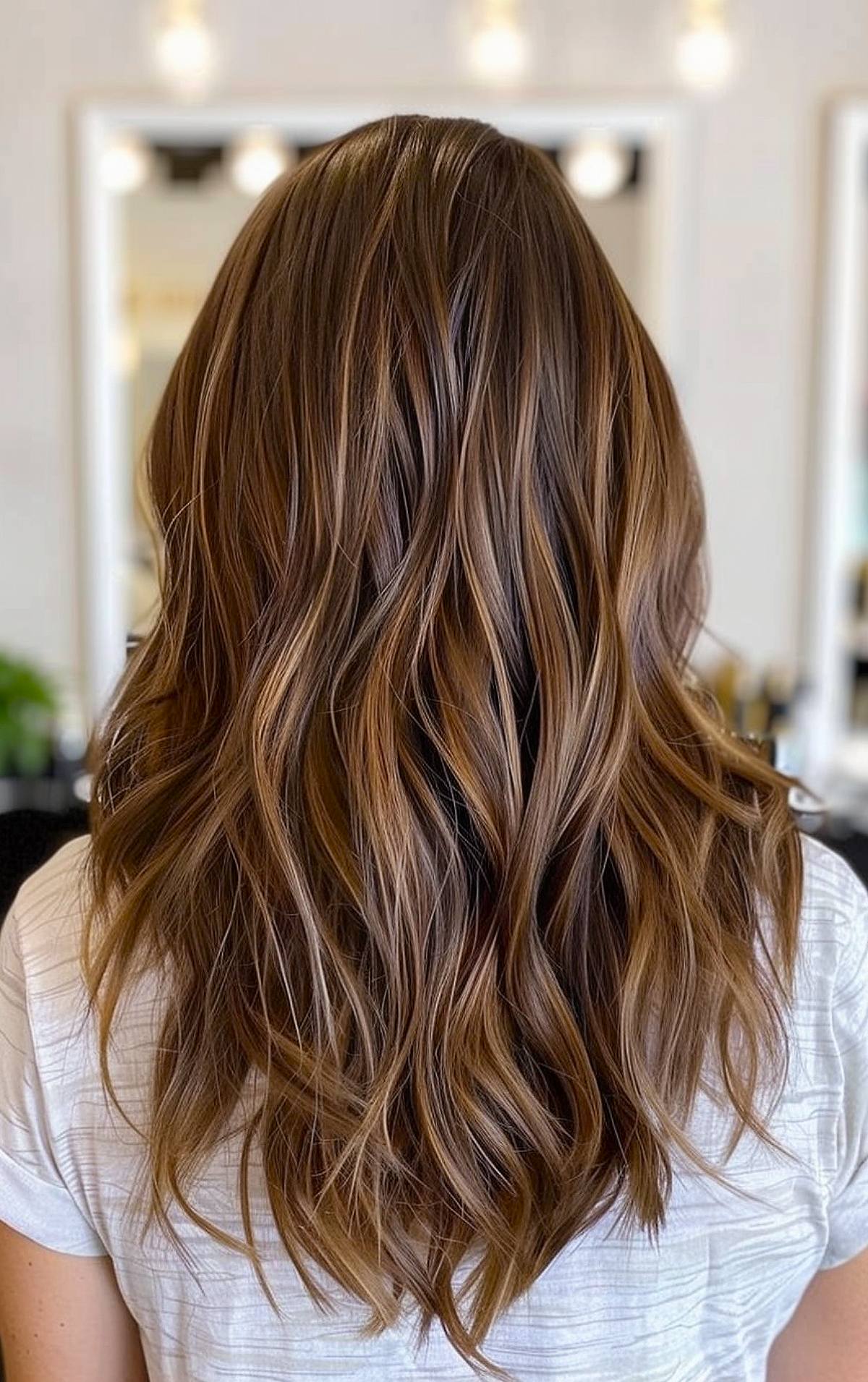 Medium brown hair with honey brown highlights