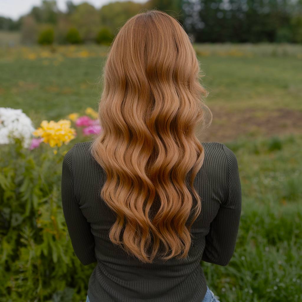 Long honey brown hair with soft waves, creating a radiant and warm spring glow