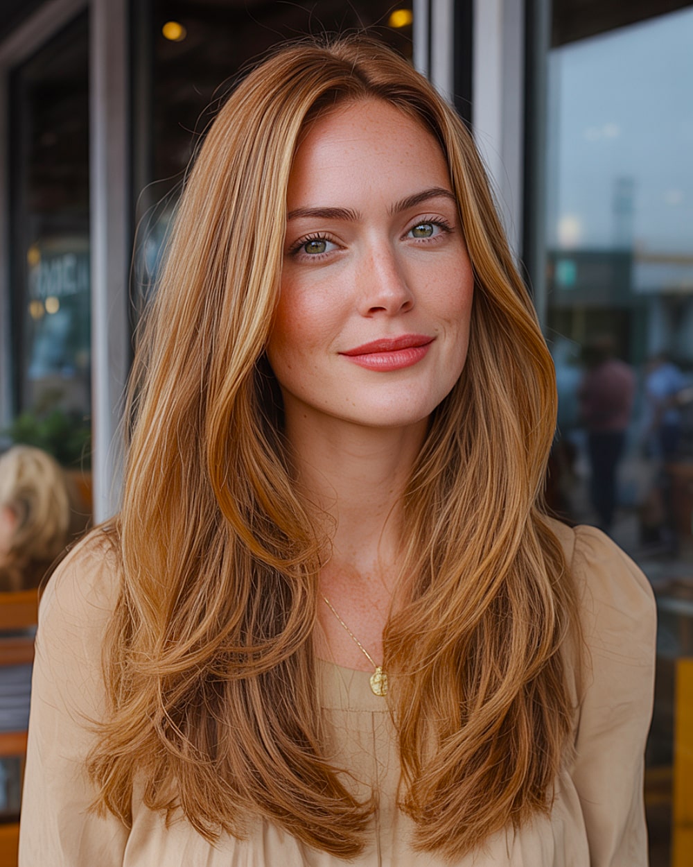 Warm honey blonde long layered haircut with soft flicked-out ends and natural volume