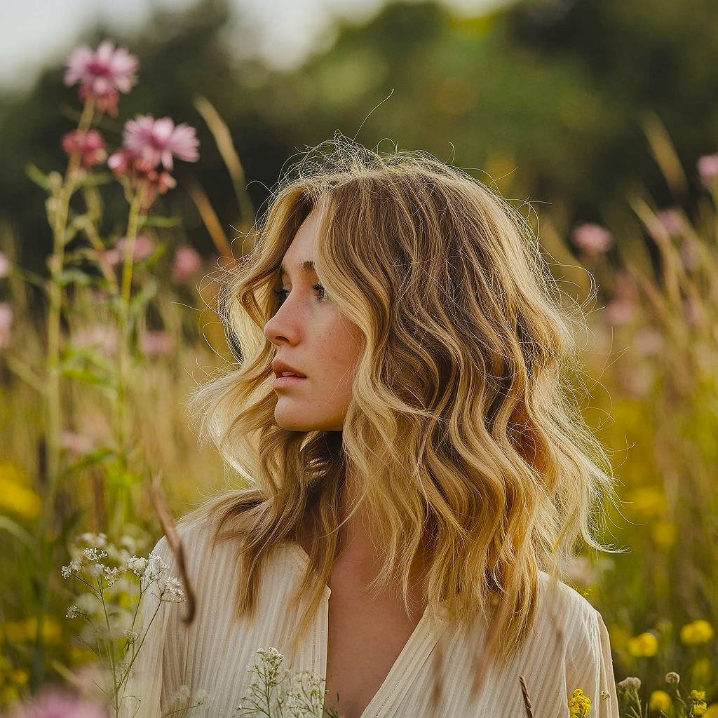 Shoulder-length honey blonde waves with choppy layers, effortless spring hairstyle