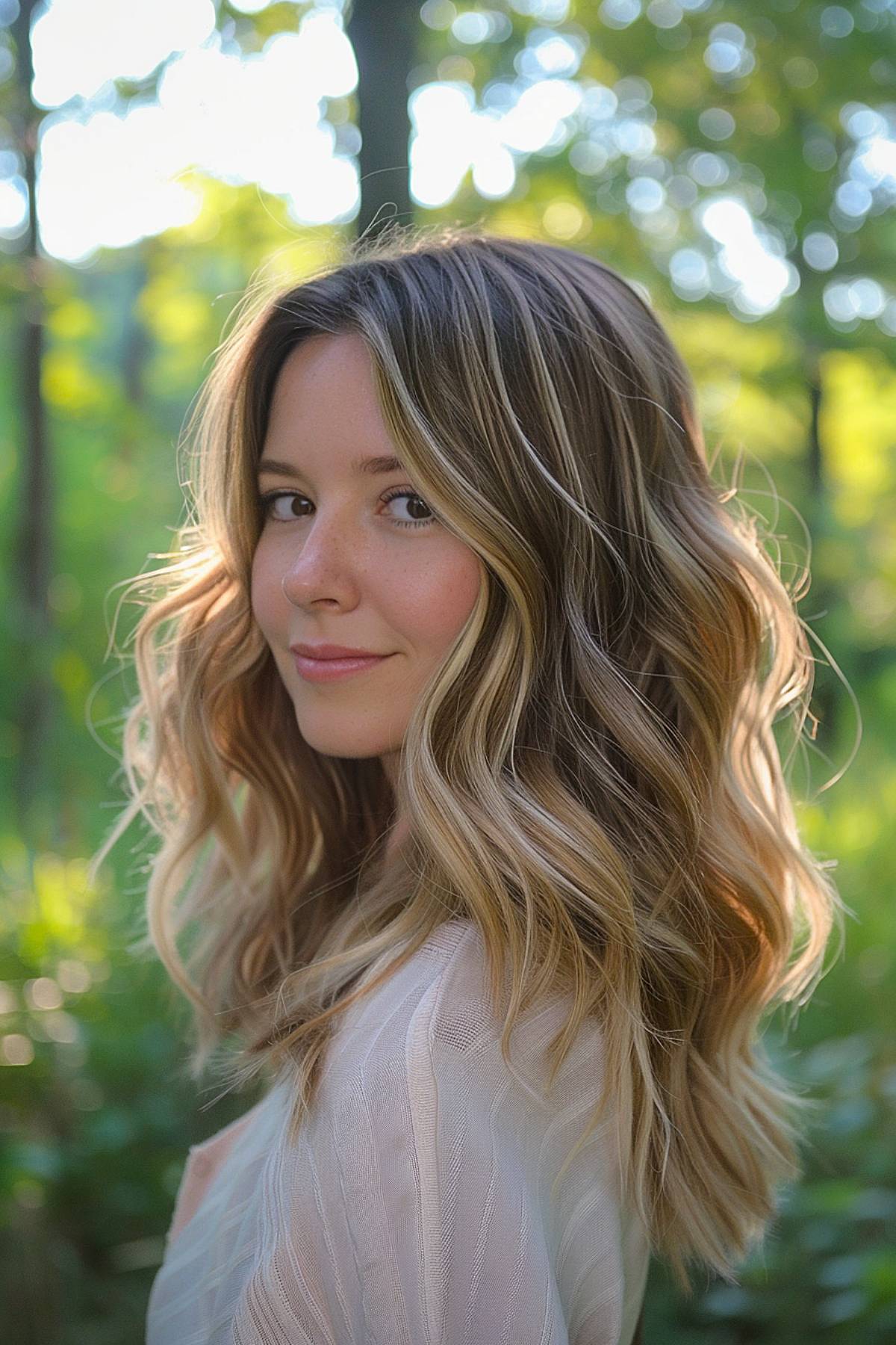 Honeyveil hair color with honey-blonde highlights on medium brunette wavy hair