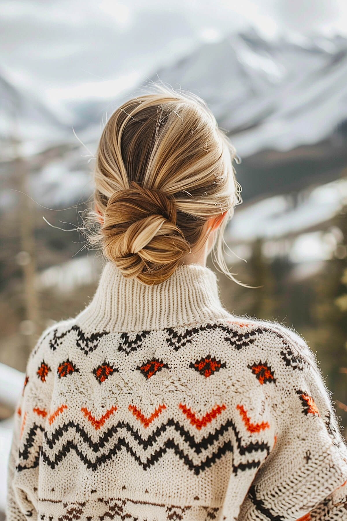 Twisted low bun designed to stay secure under hoods or scarves during skiing