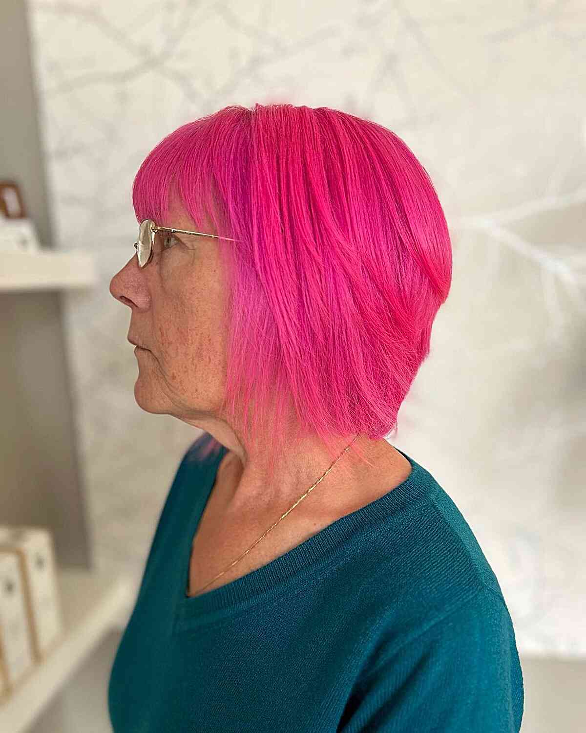 Hot Pink Short Bobbed Hair with Full Bangs for Women Over 70 and Up