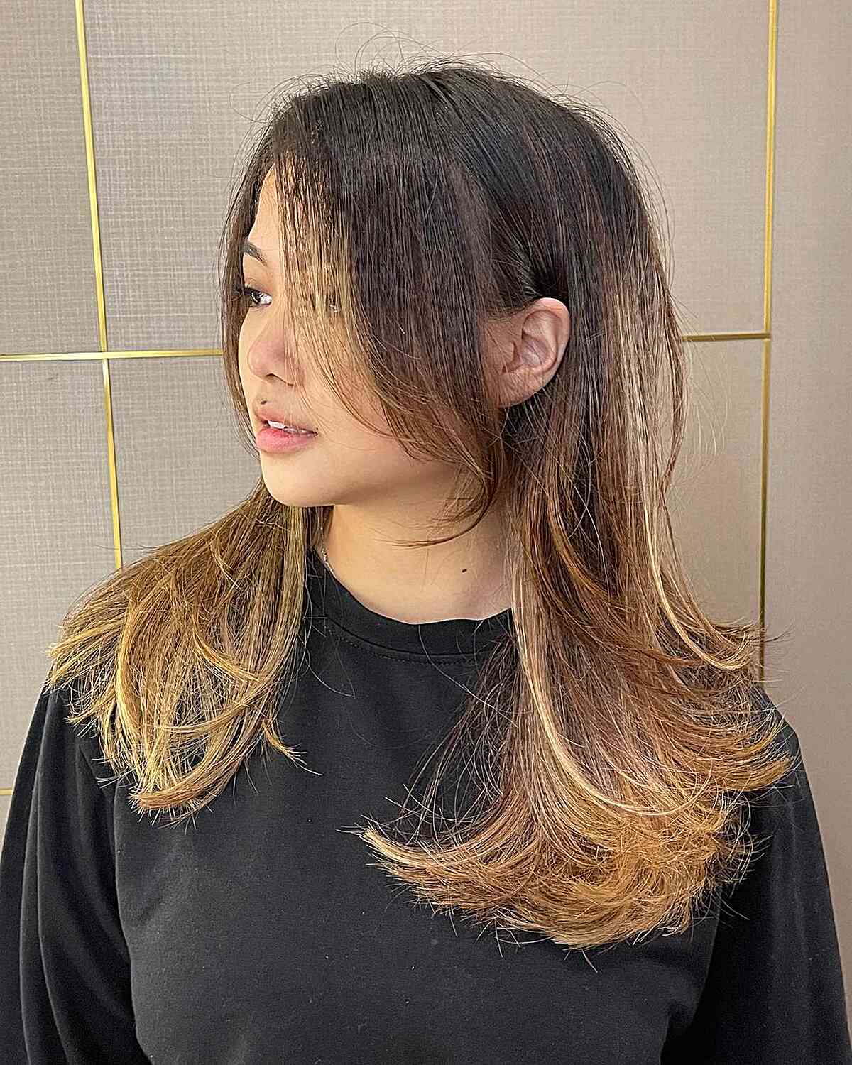 Medium Hush Layer Cut with Long Fringe and Blonde Highlights