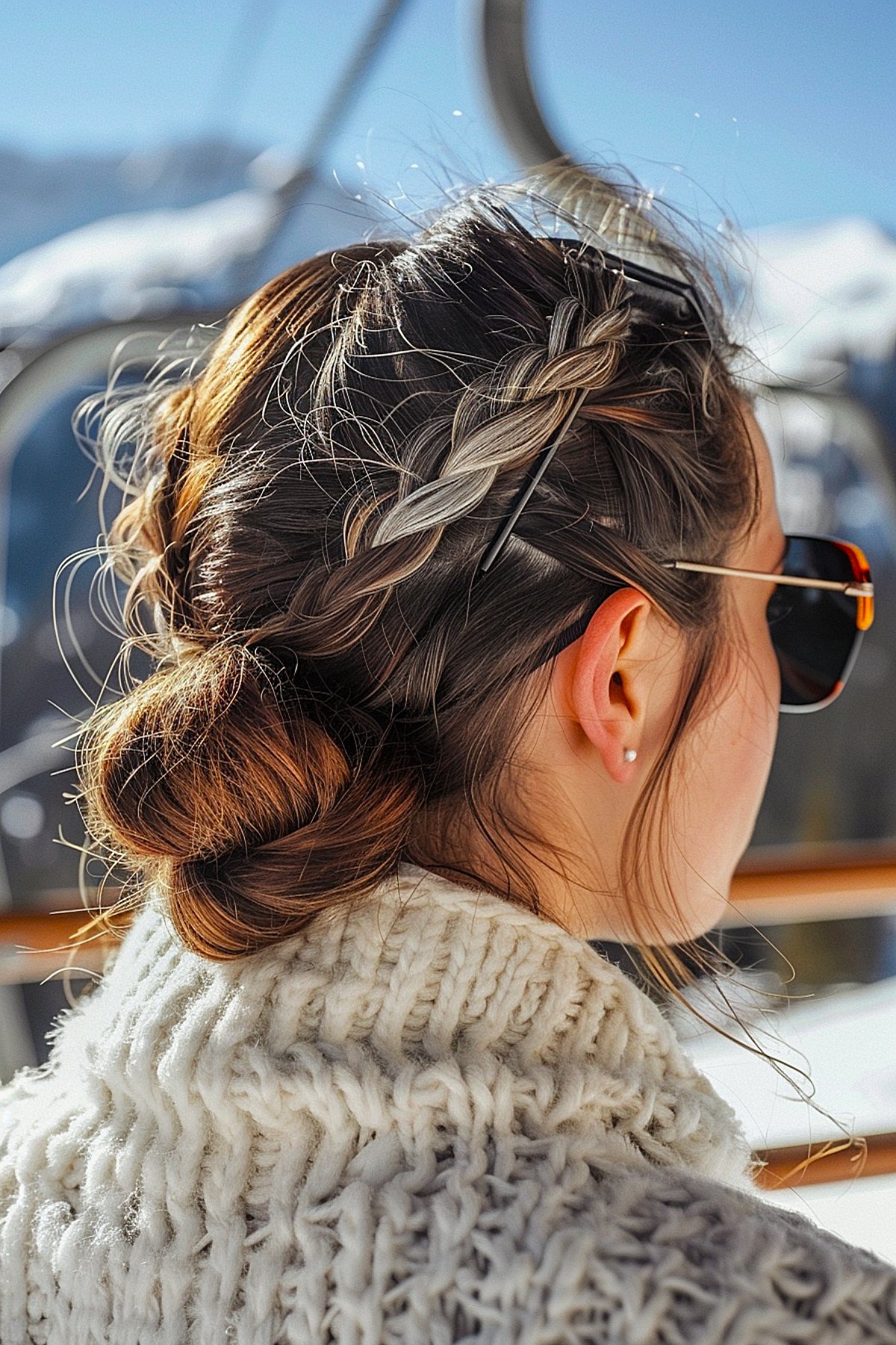 Braided crown paired with a loose bun, offering elegance and practicality for skiing