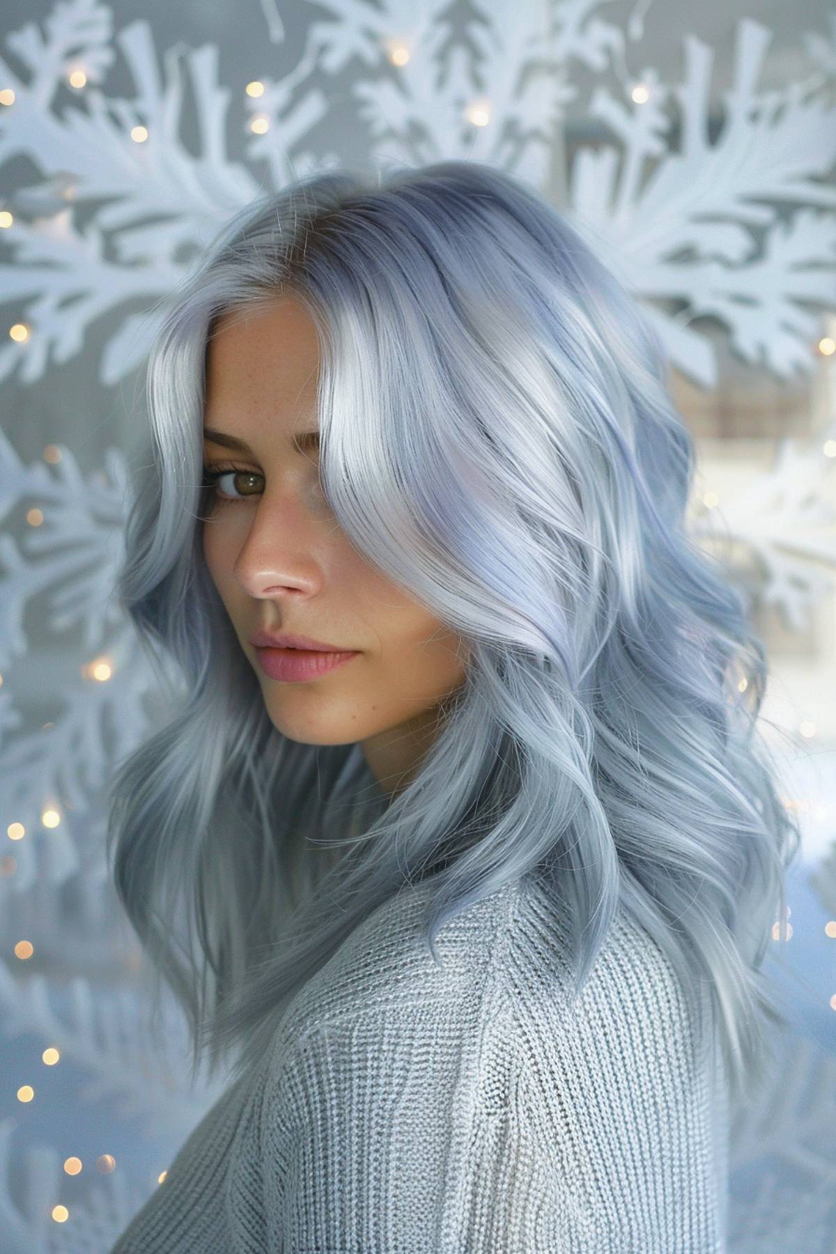 Metallic silver-gray hair with soft curls