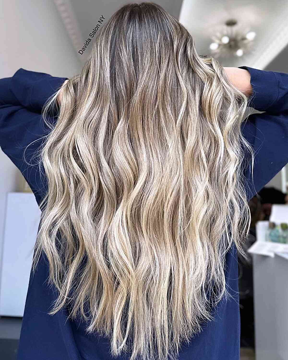 Icy Ash Blonde Balayage with Root Shadow and Long V-Shaped Cut