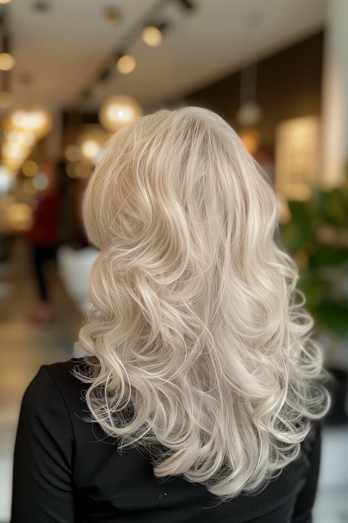 Back view of icy blonde curls with voluminous layers