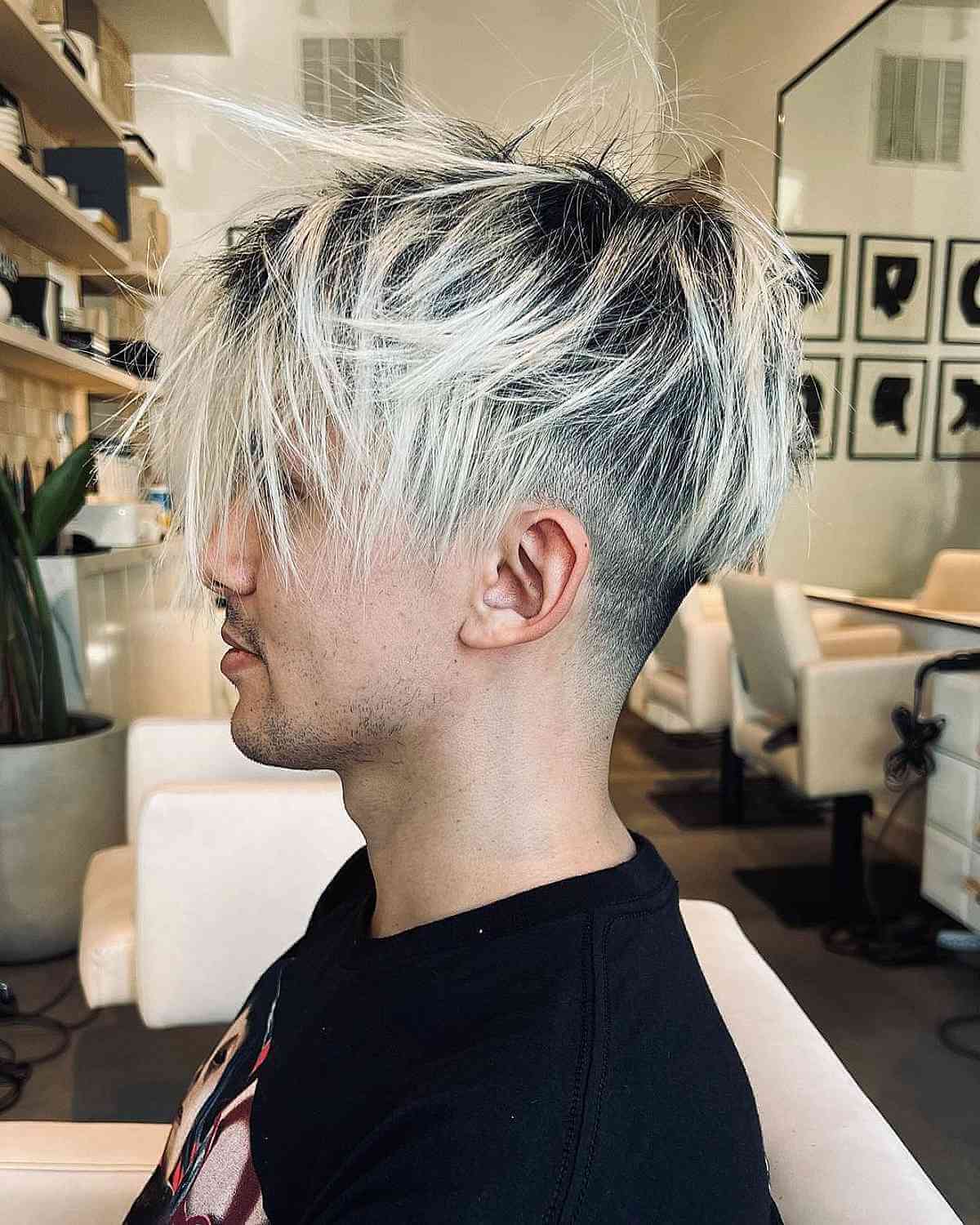 Icy Blonde Long Spiky Hair with a Disconnected Undercut for Men