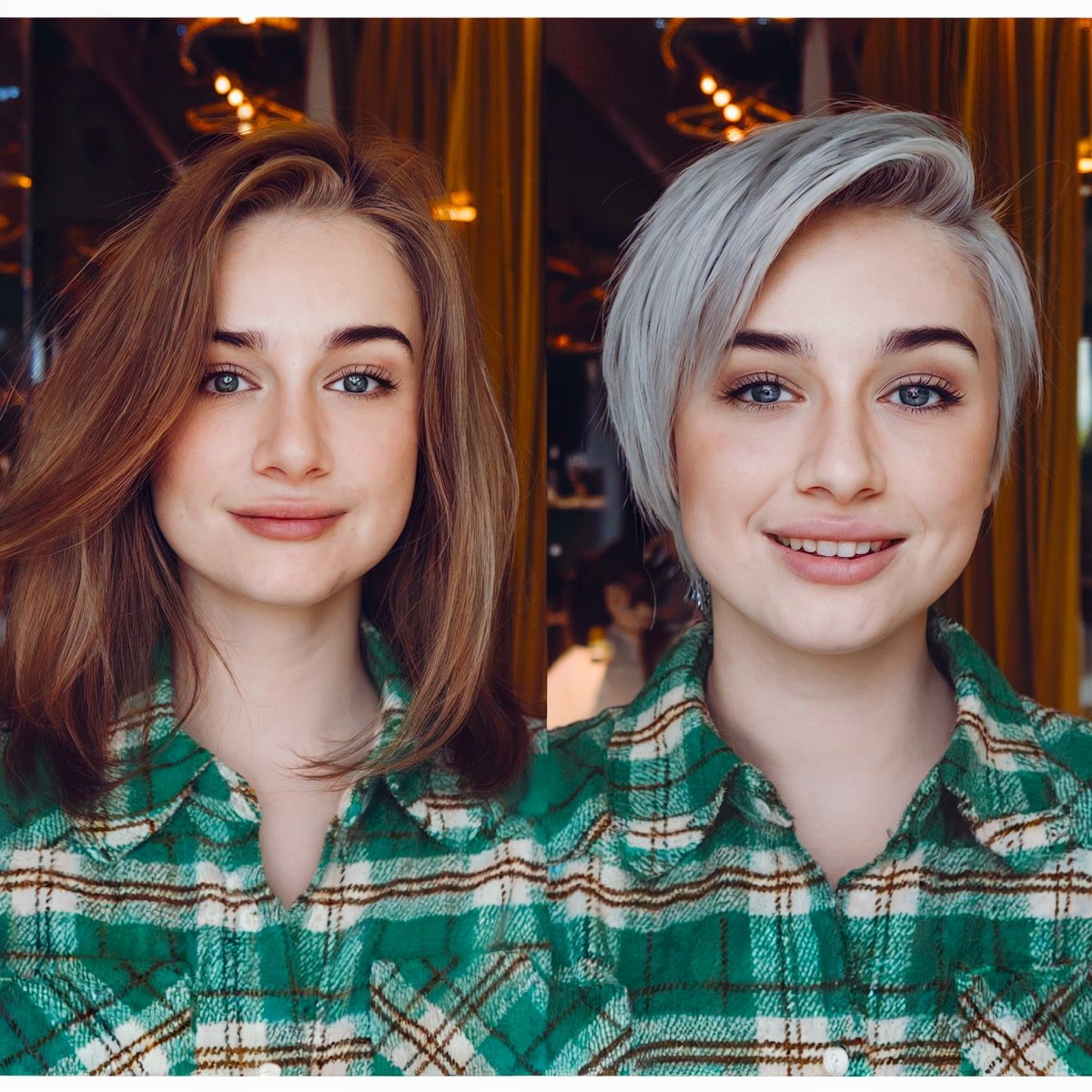 Before and after of medium-length hair transformed into an icy blonde pixie cut with a long side fringe